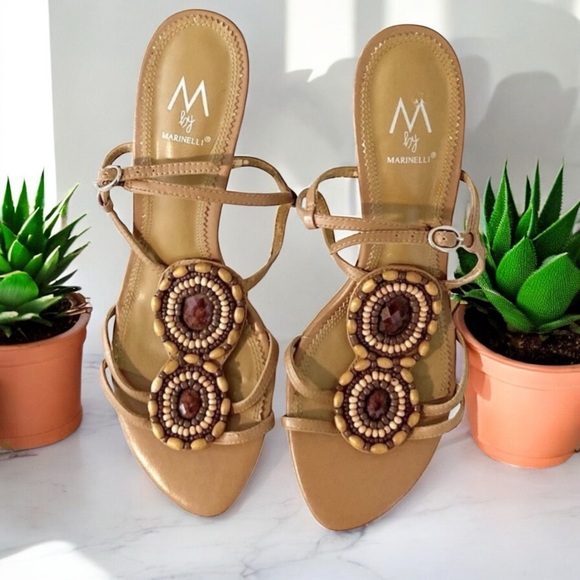 Marinelli “Riona” Beaded Wooden Bezel Stone T-Strap Heels Sandals - Picture 14 of 16